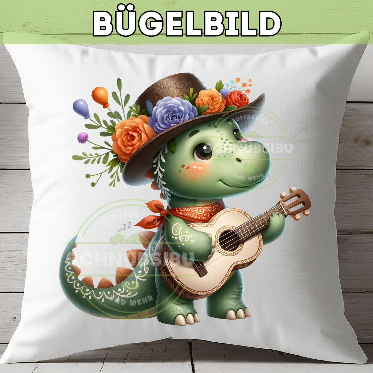 Bügelbild Niedlicher Dino mit Gitarre